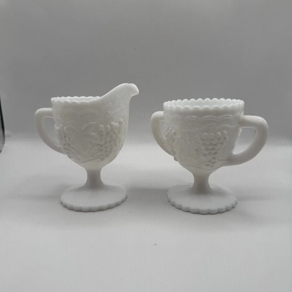 Imperial Glass Cream and Sugar Set White Milk Glass Vintage Grape Pattern Footed